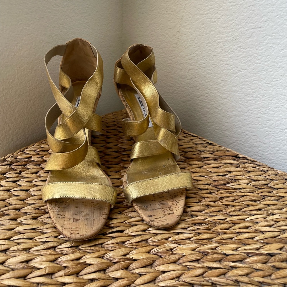 Manolo Blahnik metallic cork wedge sandal gold
